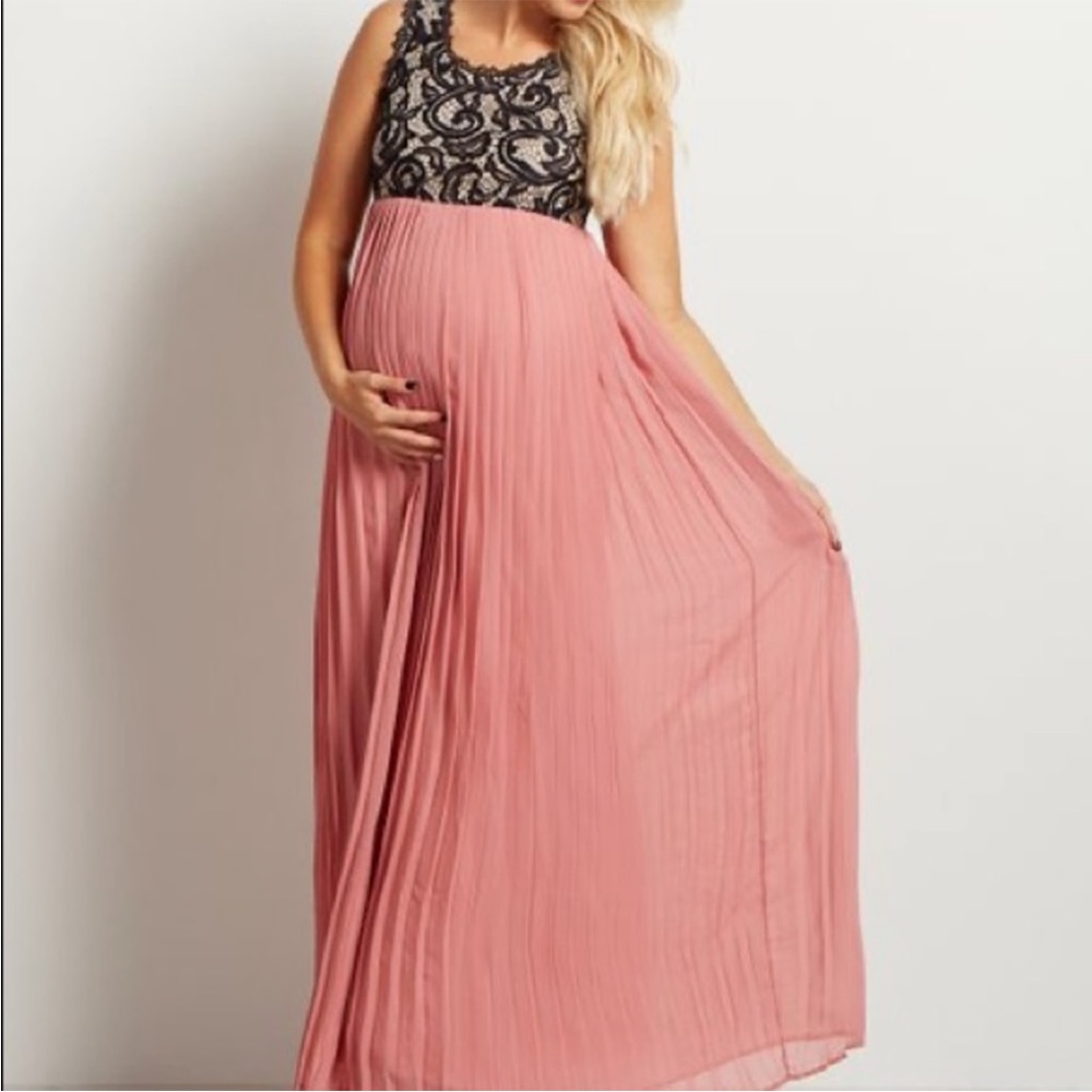 *NWT* PinkBlush Maternity Lace Top Pleated Chiffon Maxi Dress Black & Blush/Pink